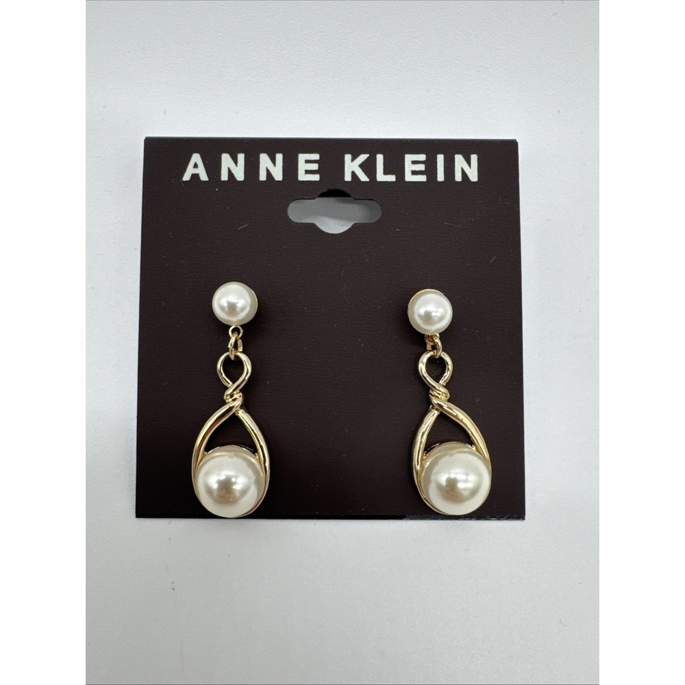 Anne‎ Klein Gold-Tone Imitation Pearl Drop Stud Earrings NEW 1" Drop